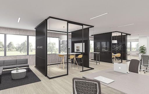 Photos of an office with glass-walled meeting rooms.